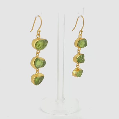 Triple Raw Peridot Drop Earrings – Handmade in Gold Vermeil