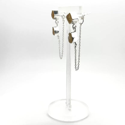 Natural Citrine Stud Earrings with Silver Chain Drop – 925 Sterling Silver