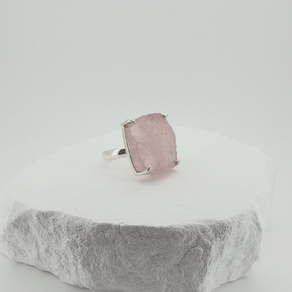 Natural Raw Rose Quartz Adjustable Ring In Sterling Silver