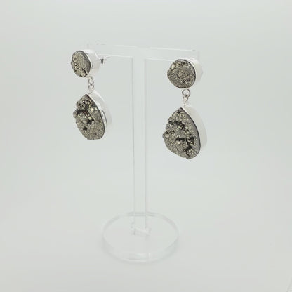 Natural Pyrite Druzy Drop Earrings - 925 Sterling Silver