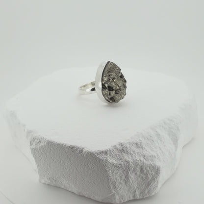 Raw Pyrite Teardrop Adjustable Ring in Sterling Silver