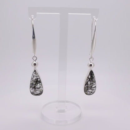 Natural Black Rutile Quartz Earrings - 925 Sterling Silver Long Drop