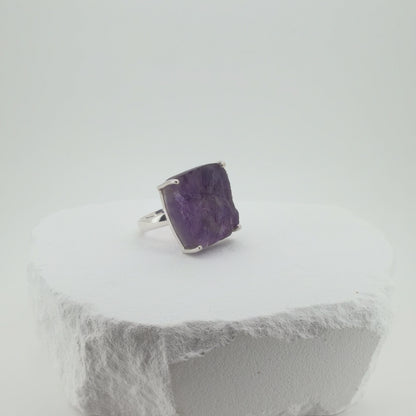 Natural Raw Amethyst Adjustable Ring in Sterling Silver